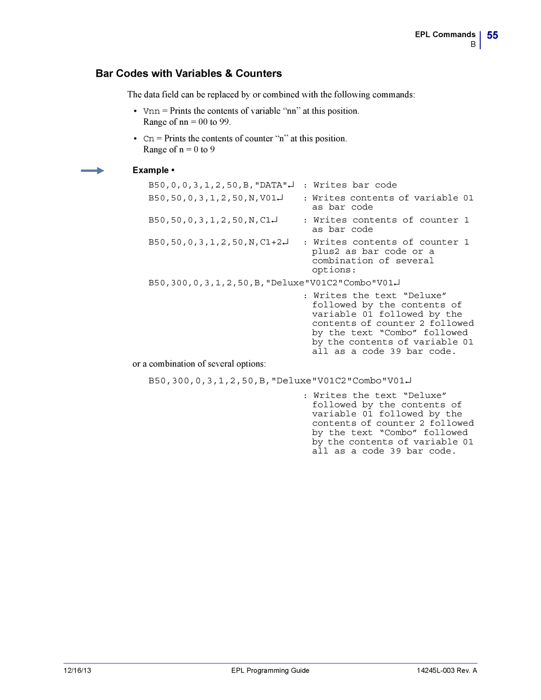 Zebra Technologies 14245L-003 manual Bar Codes with Variables & Counters, B50,300,0,3,1,2,50,B,DeluxeV01C2ComboV01 