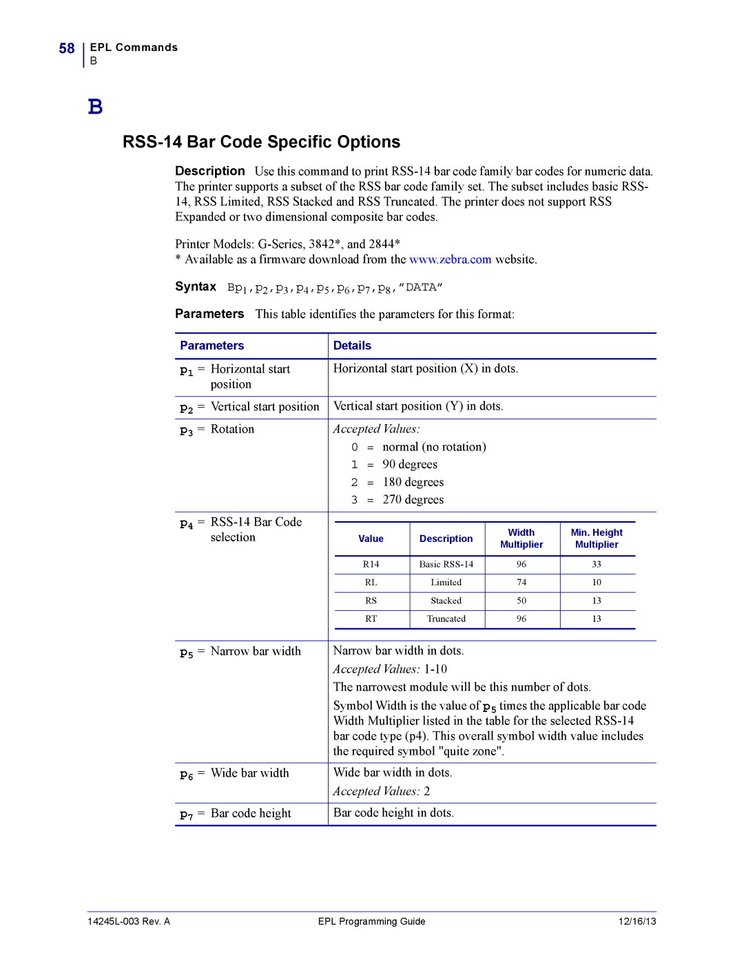 Zebra Technologies 14245L-003 manual RSS-14 Bar Code Specific Options 