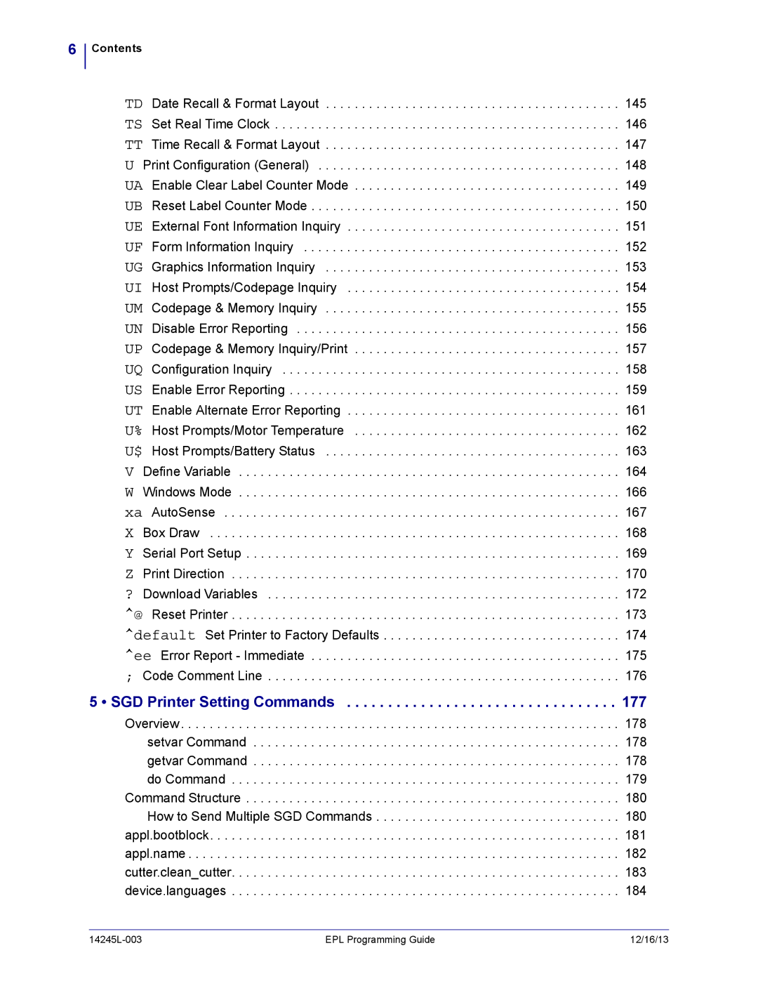 Zebra Technologies 14245L-003 manual SGD Printer Setting Commands 177 