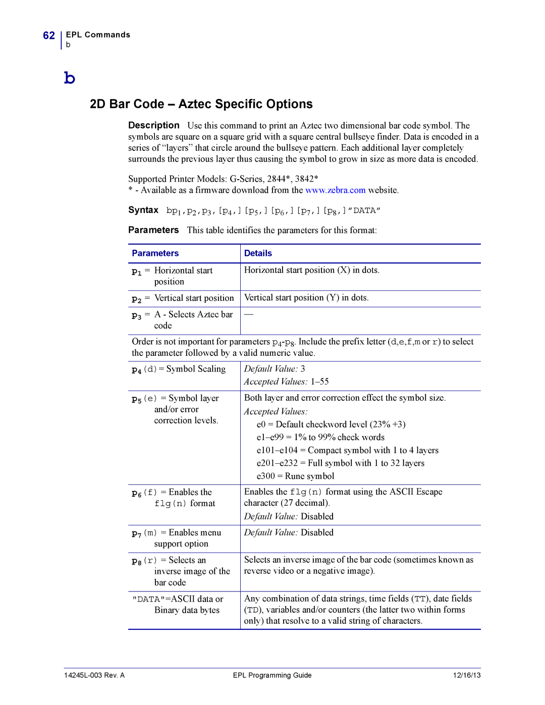 Zebra Technologies 14245L-003 manual 2D Bar Code Aztec Specific Options 