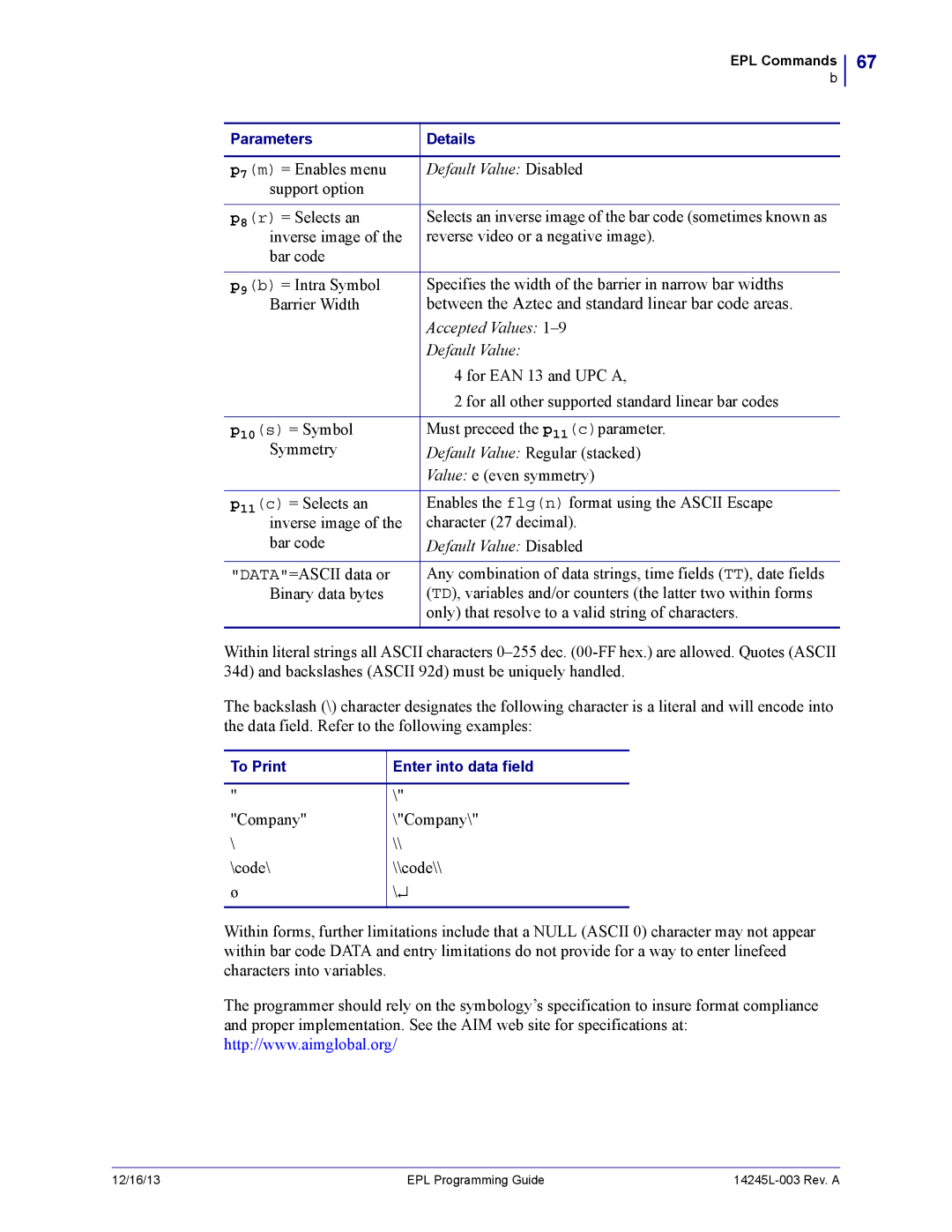 Zebra Technologies 14245L-003 manual Between the Aztec and standard linear bar code areas 