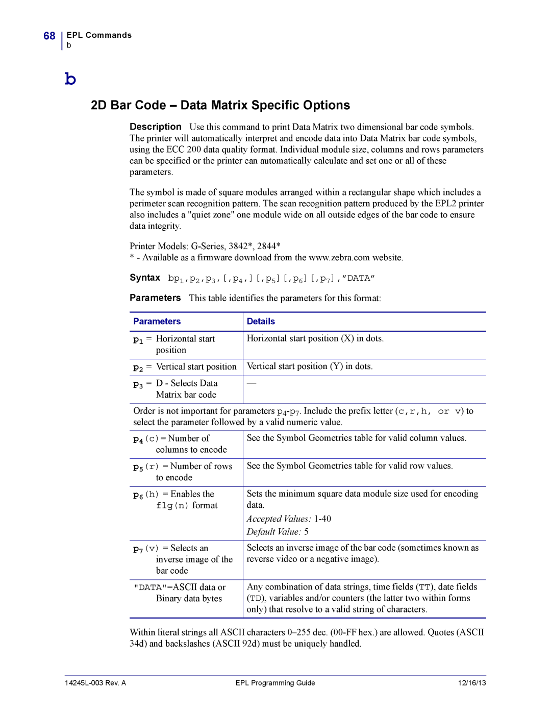 Zebra Technologies 14245L-003 manual 2D Bar Code Data Matrix Specific Options 