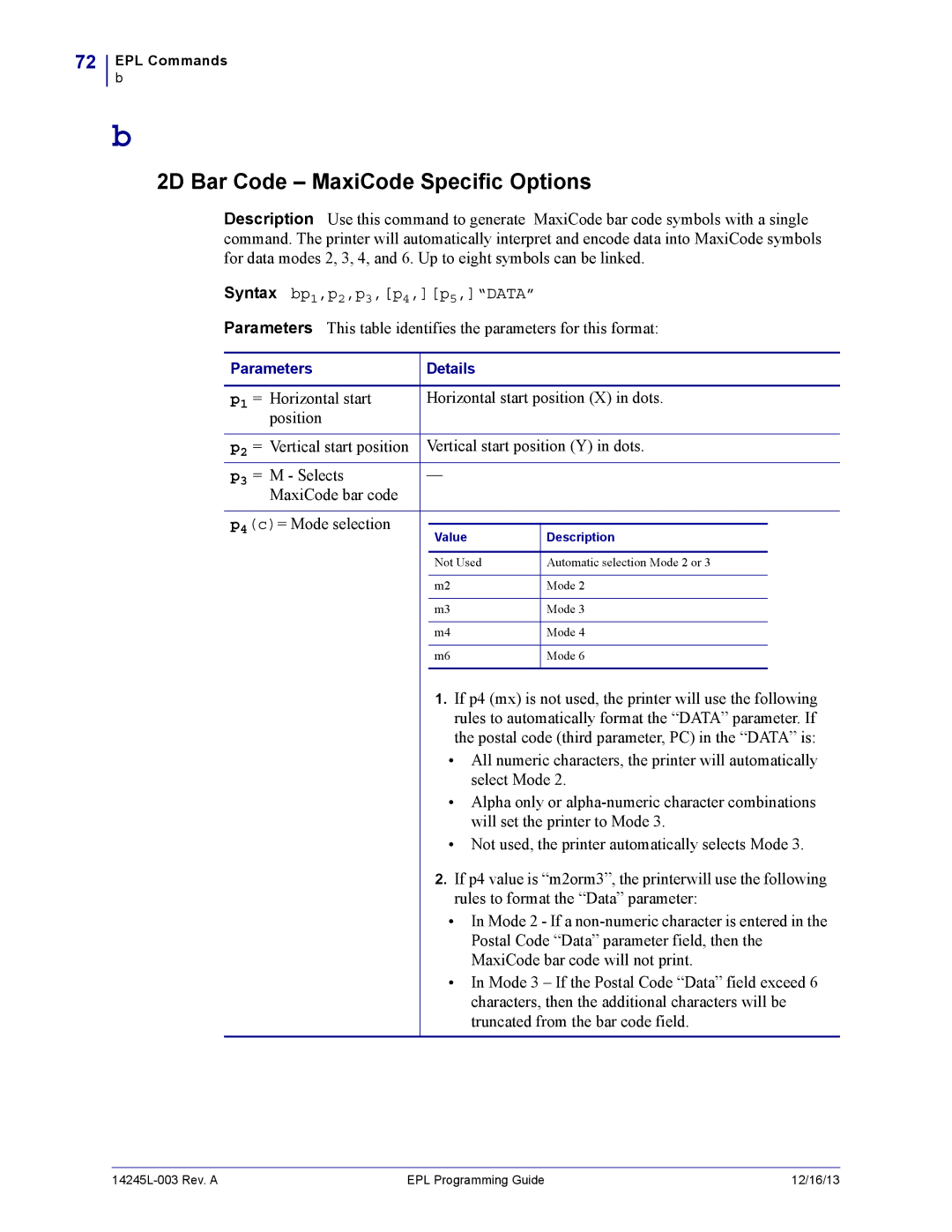 Zebra Technologies 14245L-003 manual 2D Bar Code MaxiCode Specific Options 