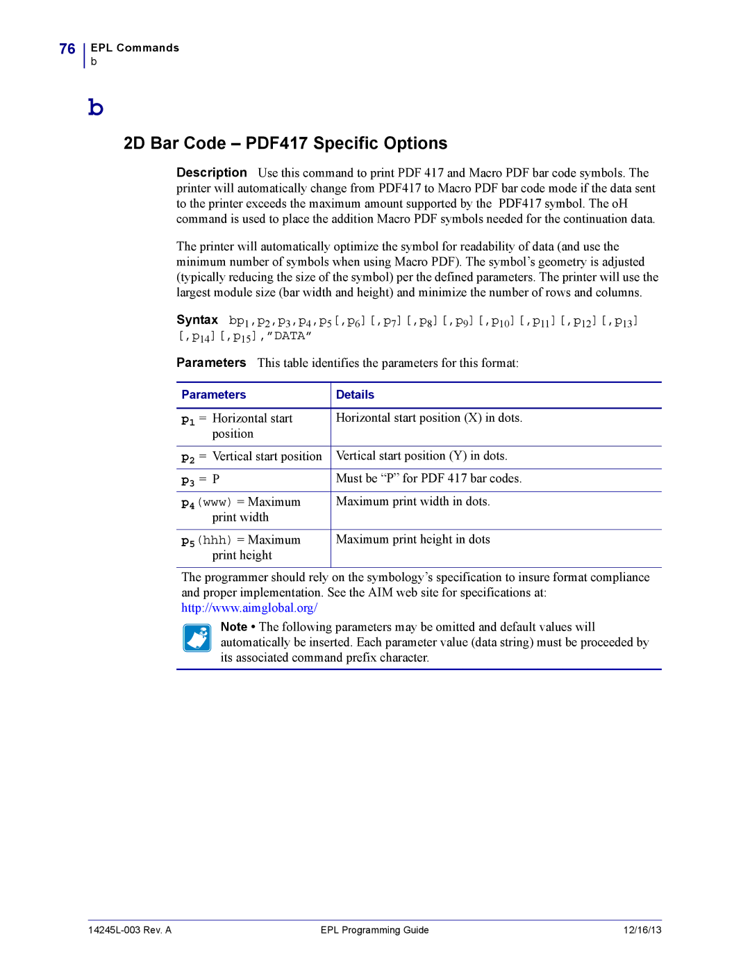 Zebra Technologies 14245L-003 manual Parameters Details 