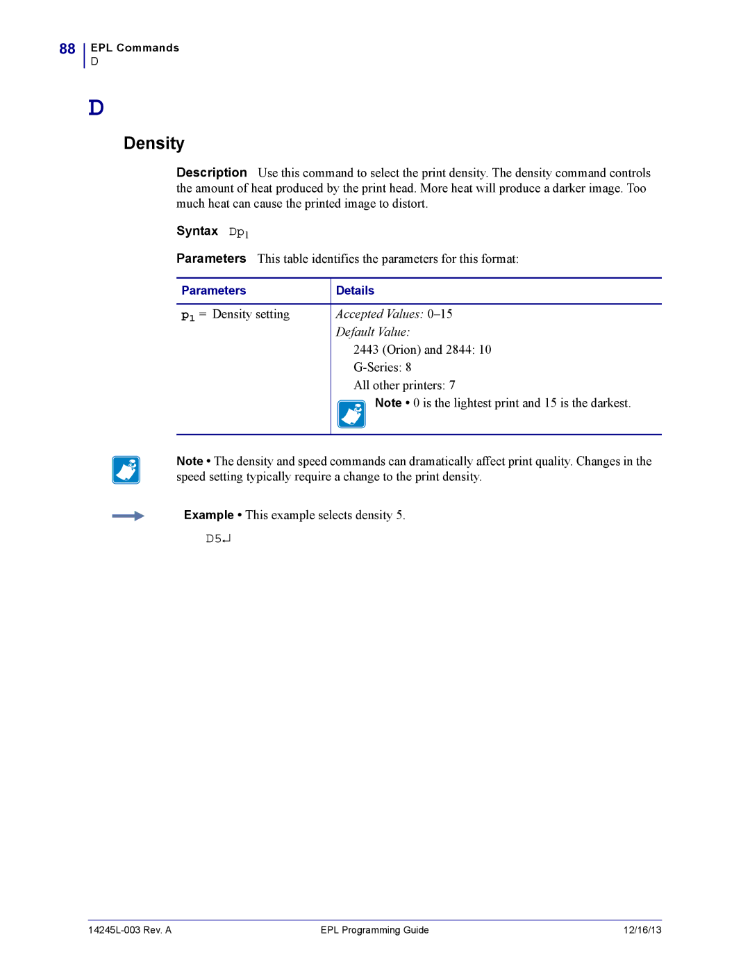 Zebra Technologies 14245L-003 manual Density, Syntax Dp1 