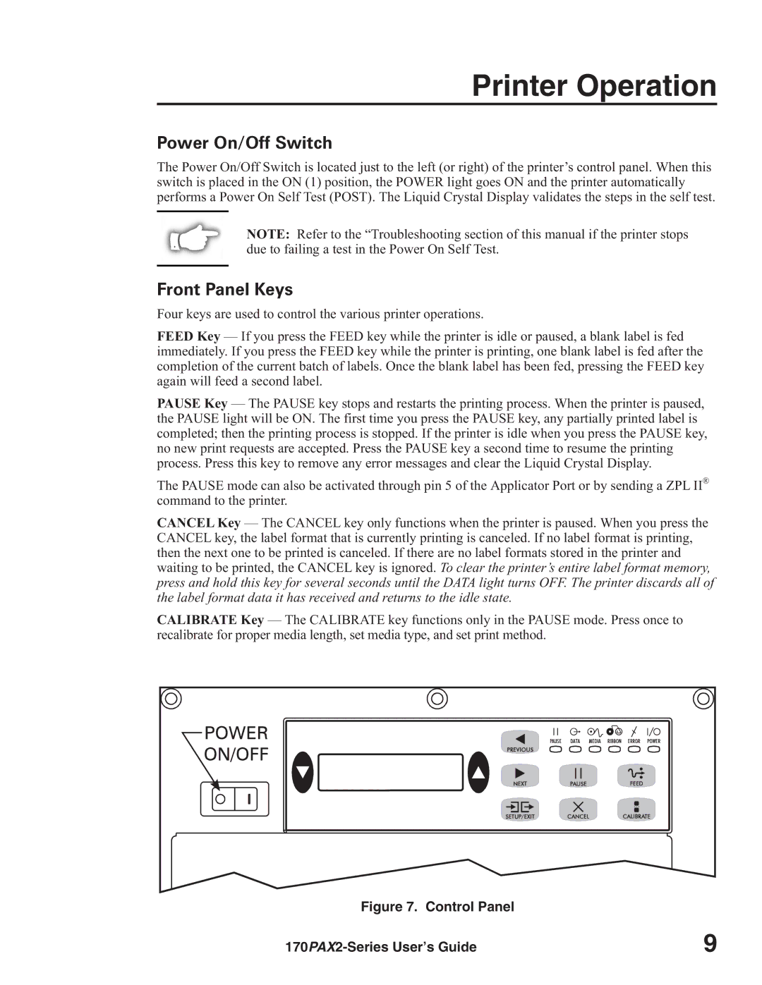 Zebra Technologies 170PAX2TM manual Printer Operation, Power On/Off Switch, Front Panel Keys 