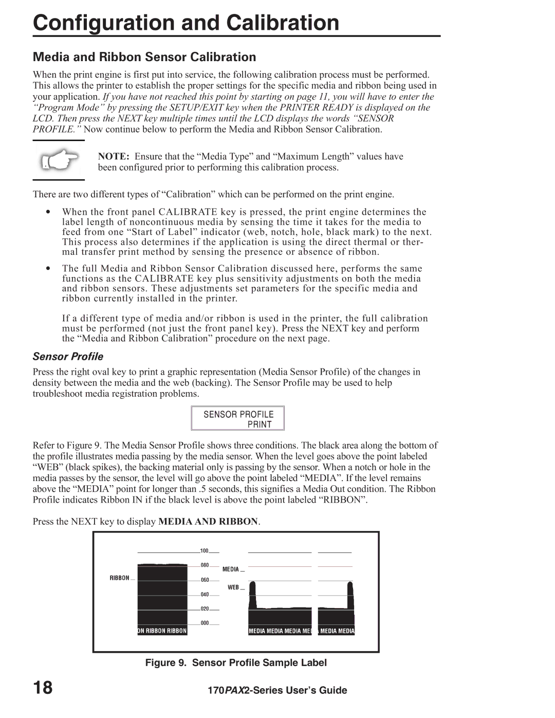 Zebra Technologies 170PAX2TM manual Media and Ribbon Sensor Calibration, Sensor Profile 