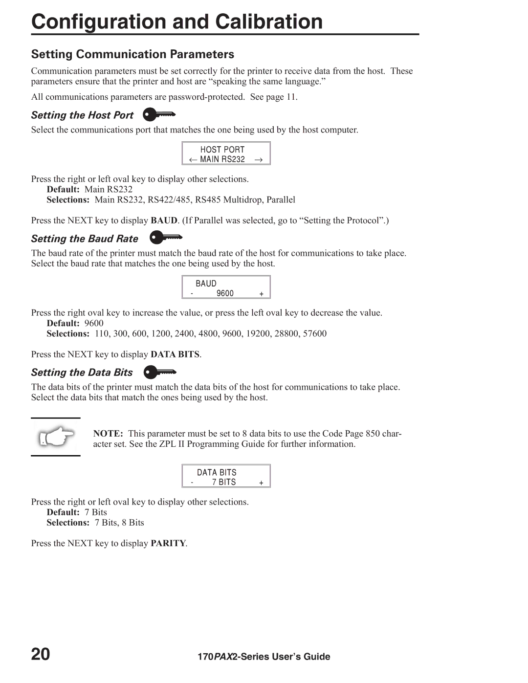 Zebra Technologies 170PAX2TM manual Setting Communication Parameters, Setting the Host Port, Setting the Baud Rate 