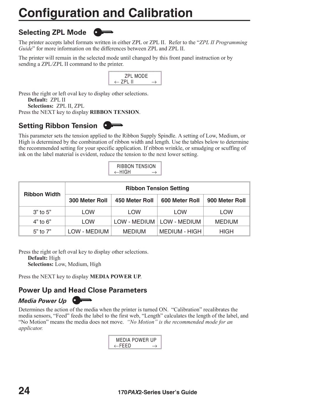 Zebra Technologies 170PAX2TM manual Selecting ZPL Mode, Setting Ribbon Tension, Power Up and Head Close Parameters 