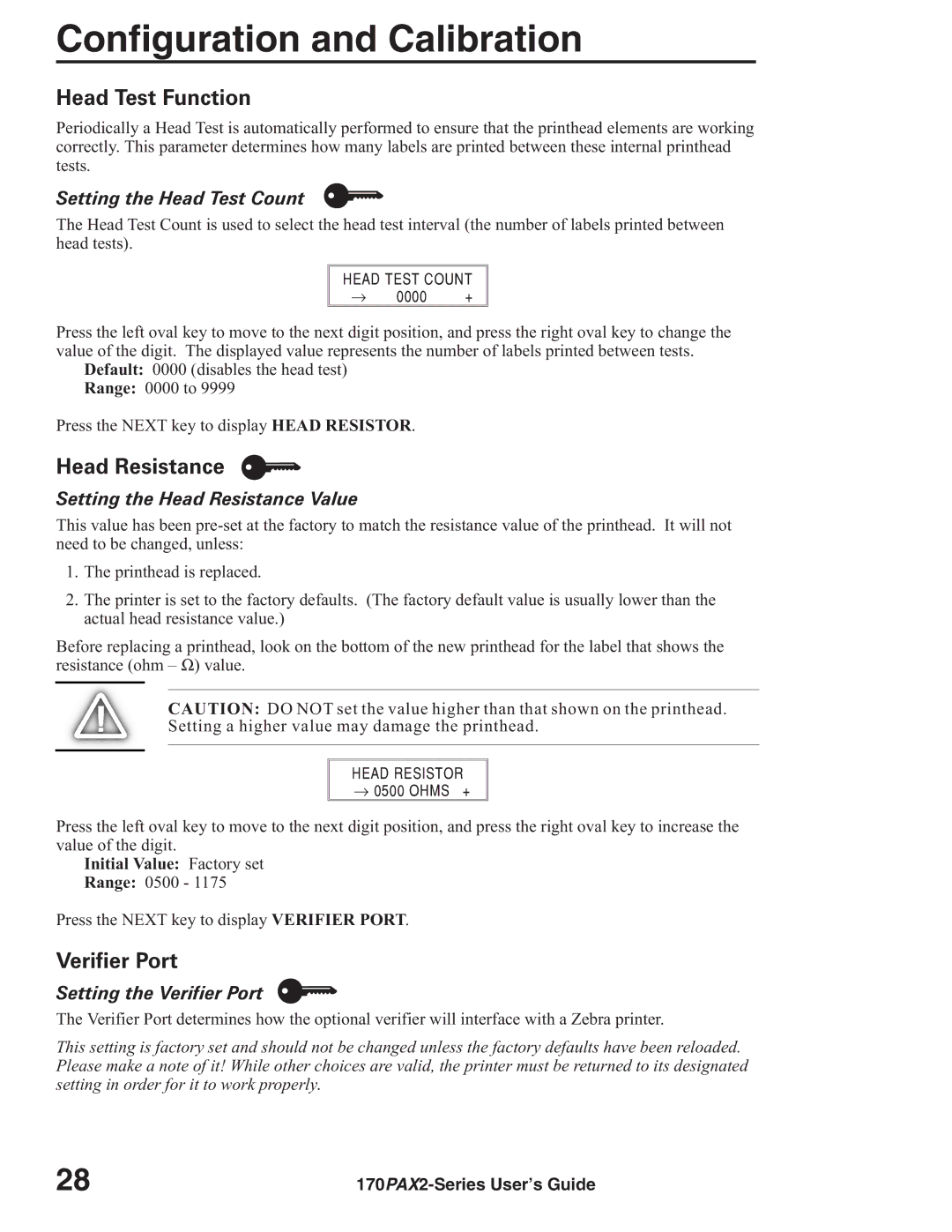 Zebra Technologies 170PAX2TM manual Head Test Function, Head Resistance, Verifier Port 