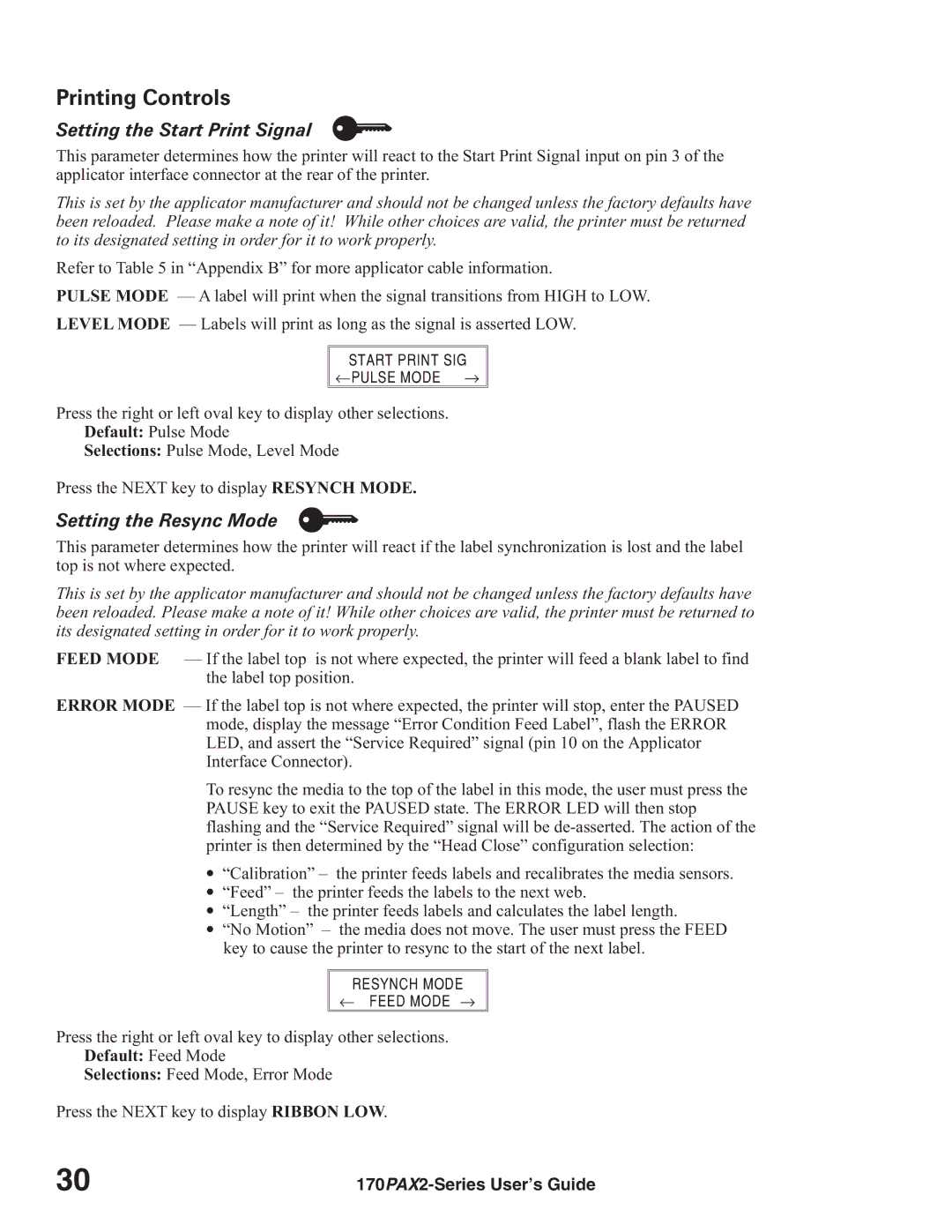 Zebra Technologies 170PAX2TM manual Printing Controls, Setting the Start Print Signal, Setting the Resync Mode 