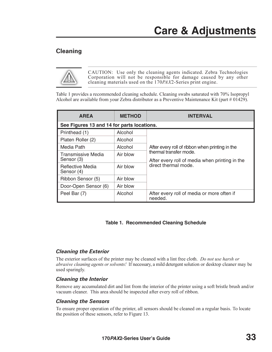 Zebra Technologies 170PAX2TM Care & Adjustments, Cleaning the Exterior, Cleaning the Interior, Cleaning the Sensors 