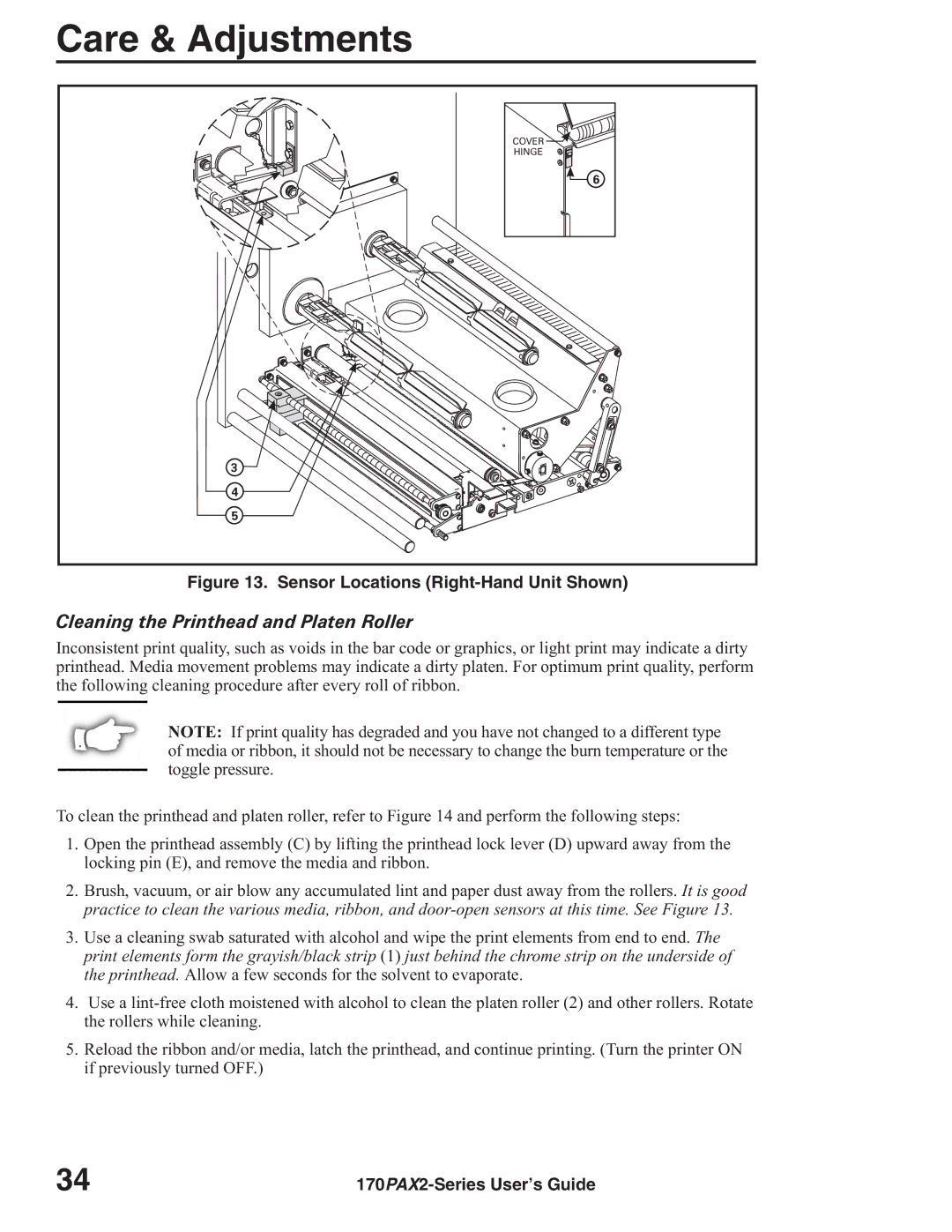 Zebra Technologies 170PAX2TM manual Cleaning the Printhead and Platen Roller, Sensor Locations Right-Hand Unit Shown 