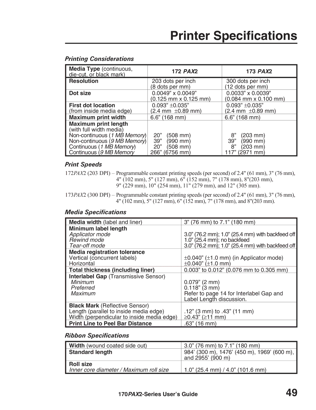 Zebra Technologies 170PAX2TM manual Printer Specifications, Printing Considerations, Print Speeds, Media Specifications 