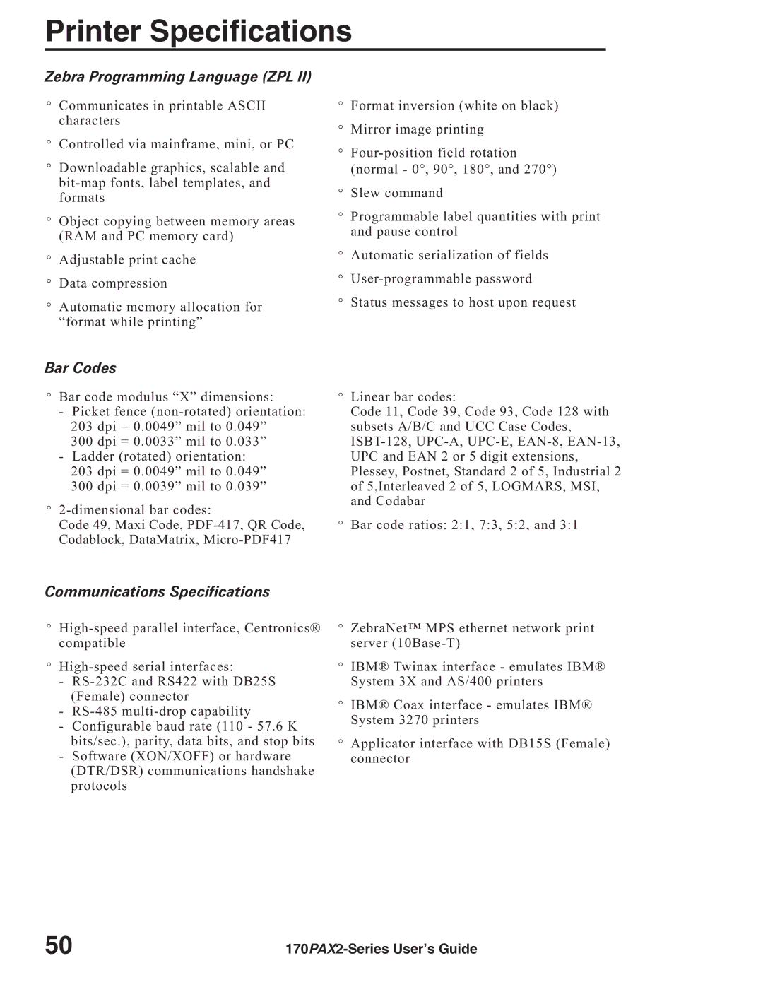 Zebra Technologies 170PAX2TM manual Zebra Programming Language ZPL, Bar Codes, Communications Specifications 