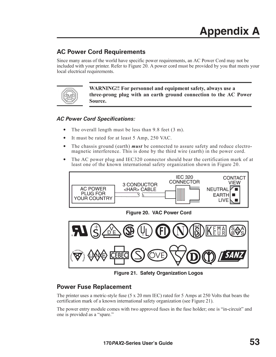 Zebra Technologies 170PAX2TM Appendix a, AC Power Cord Requirements, Power Fuse Replacement, AC Power Cord Specifications 