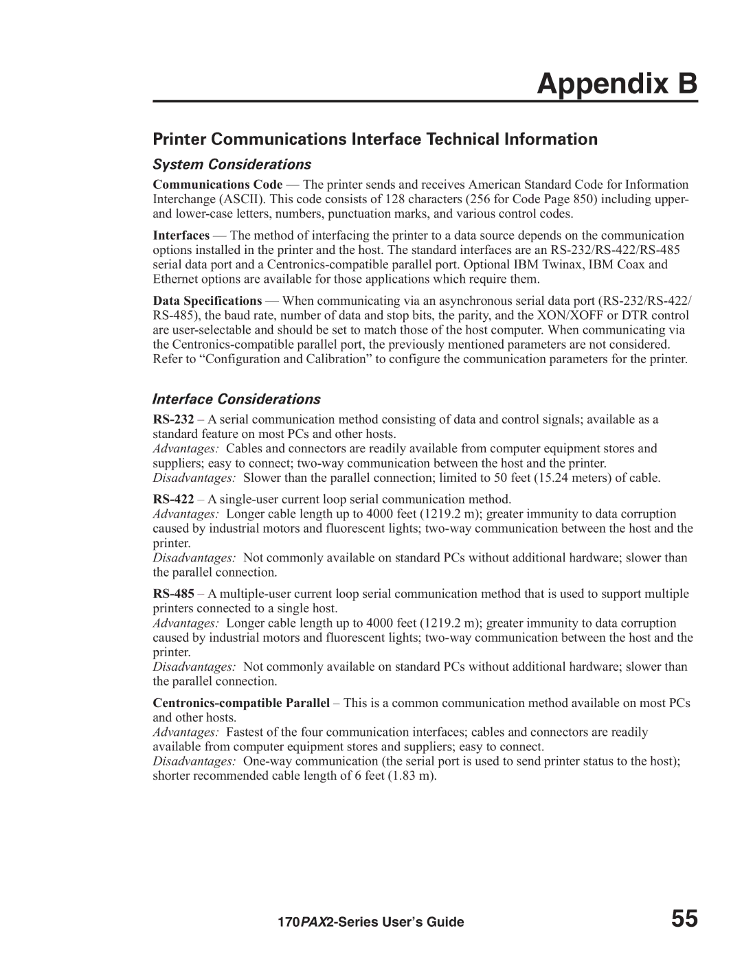 Zebra Technologies 170PAX2TM Appendix B, Printer Communications Interface Technical Information, System Considerations 