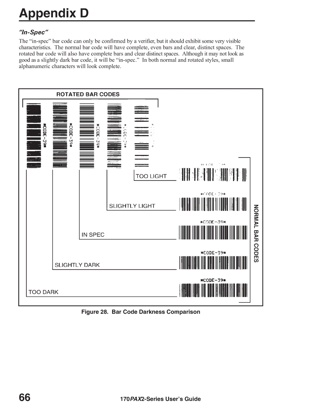 Zebra Technologies 170PAX2TM manual In-Spec, Bar Code Darkness Comparison 