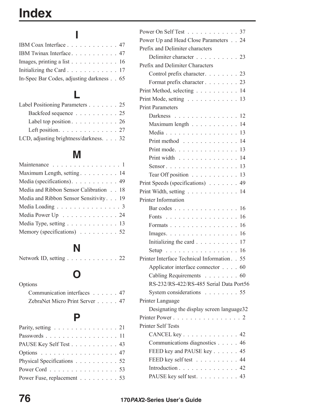 Zebra Technologies 170PAX2TM manual Index 