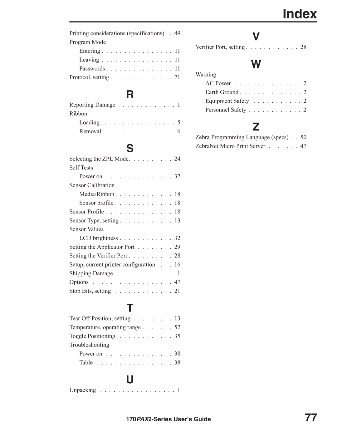 Zebra Technologies 170PAX2TM manual Index 