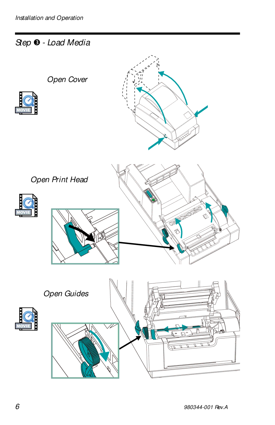 Zebra Technologies 2722, 2742, 3742 user manual Step Load Media, Open Cover, Open Print Head, Open Guides 