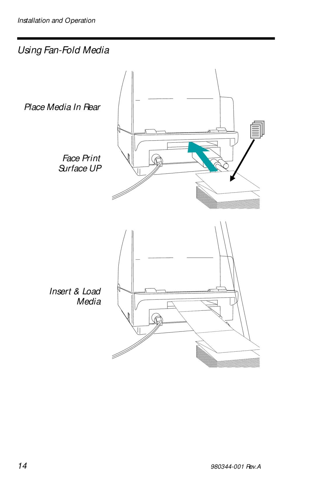 Zebra Technologies 2742, 2722, 3742 user manual Using Fan-Fold Media, Place Media In Rear Face Print Surface UP Insert & Load 