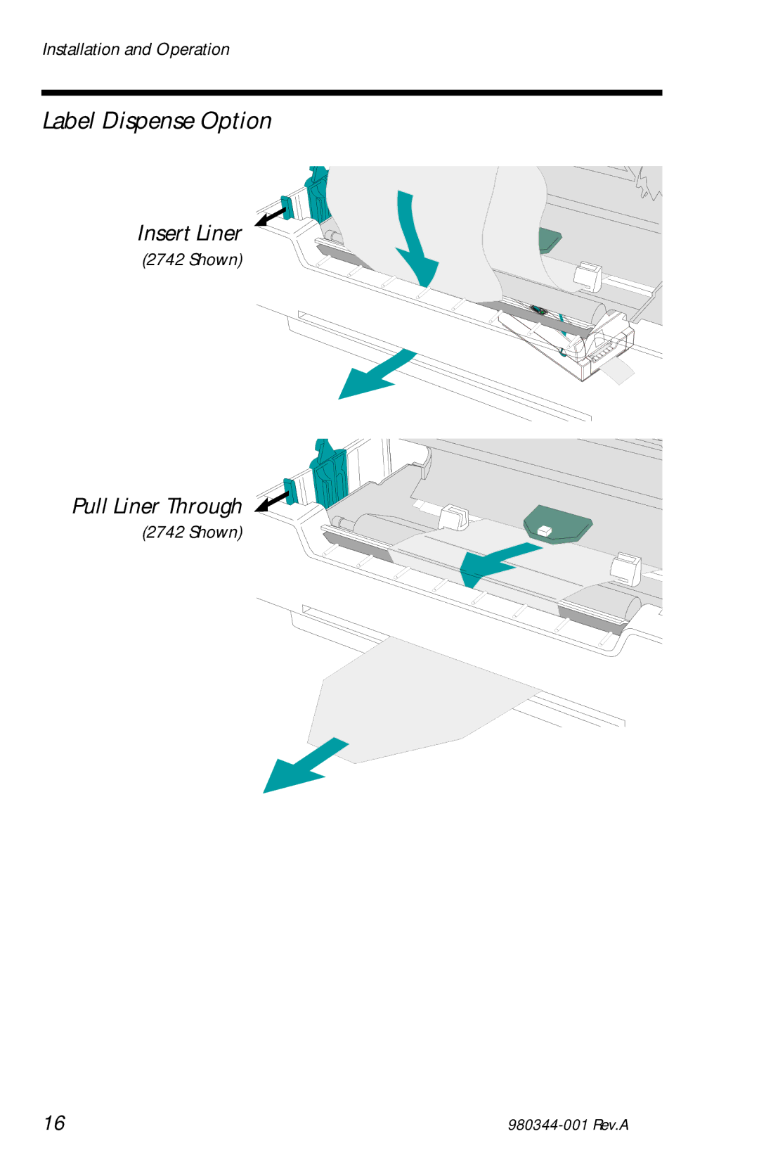 Zebra Technologies 3742, 2742, 2722 user manual Label Dispense Option, Insert Liner, Pull Liner Through 