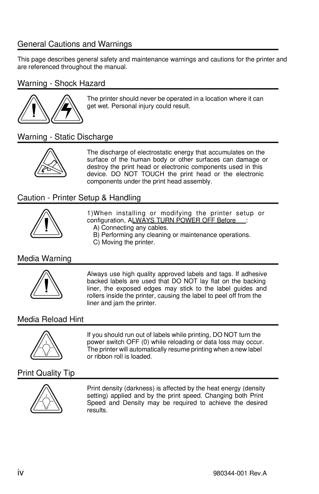 Zebra Technologies 2722, 2742, 3742 user manual General Cautions and Warnings 