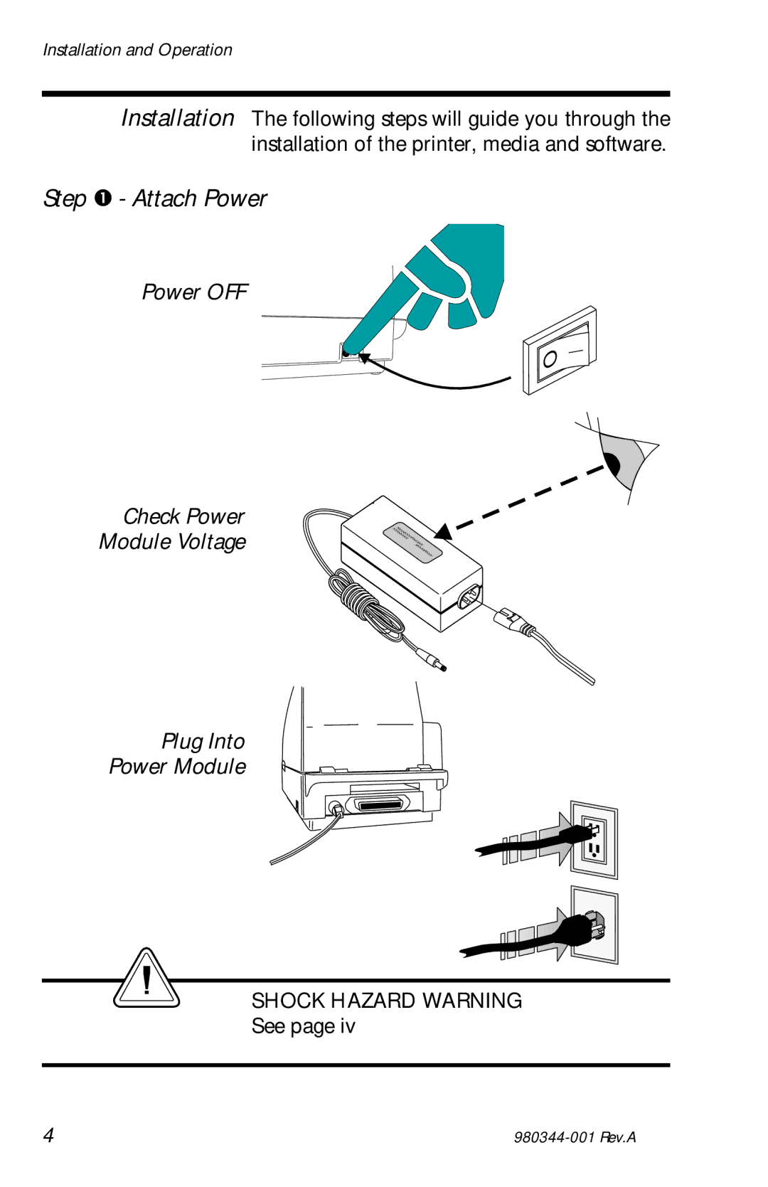 Zebra Technologies 3742, 2742, 2722 user manual Step Attach Power, Power OFF, Plug Into Power Module 