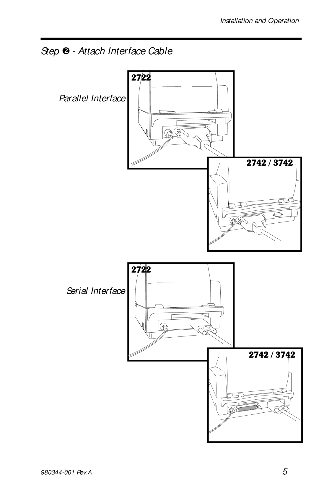 Zebra Technologies 2742, 2722, 3742 user manual Step Attach Interface Cable, Parallel Interface Serial Interface 