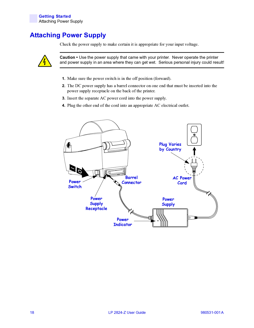 Zebra Technologies 2824-Z manual Attaching Power Supply 