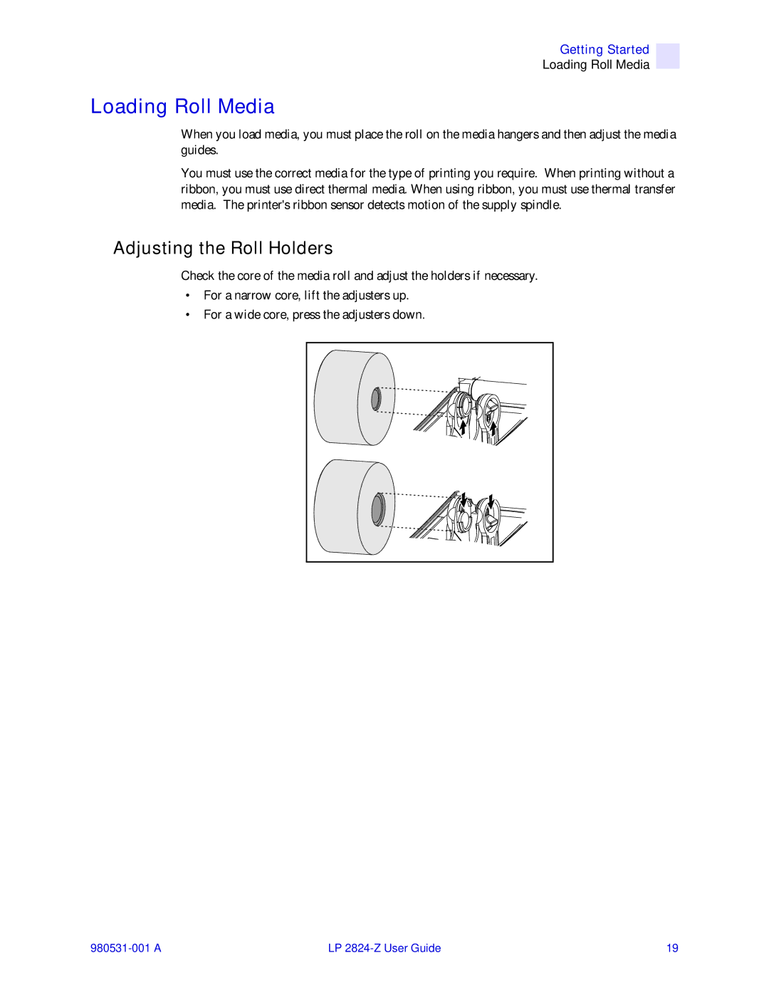 Zebra Technologies 2824-Z manual Loading Roll Media, Adjusting the Roll Holders 