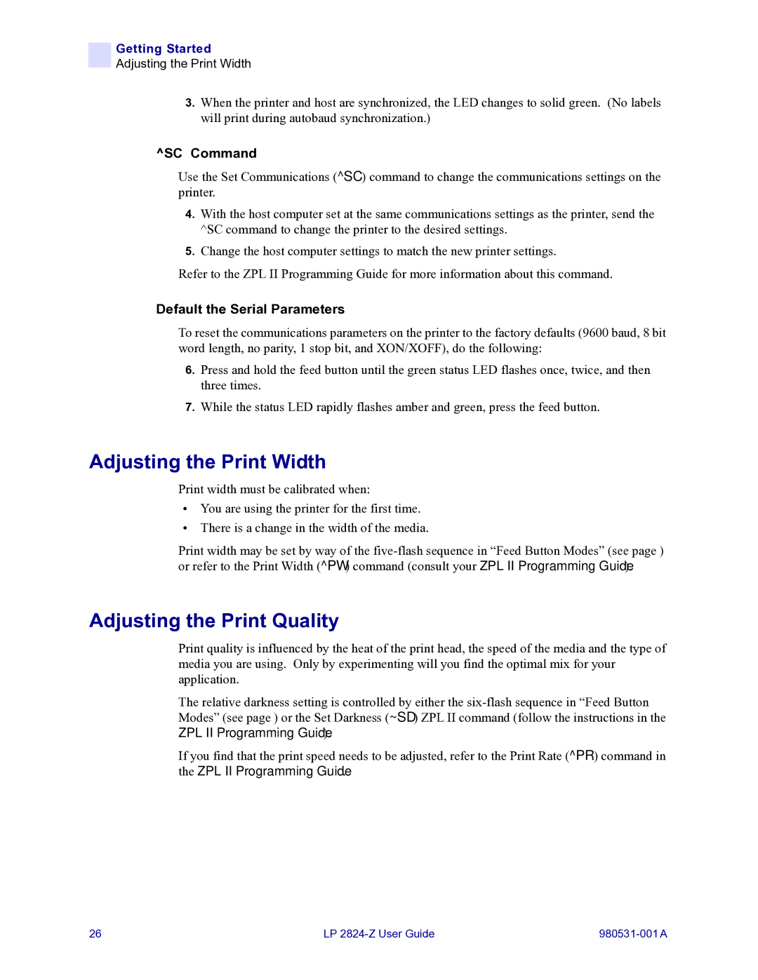 Zebra Technologies 2824-Z manual Adjusting the Print Width, Adjusting the Print Quality 