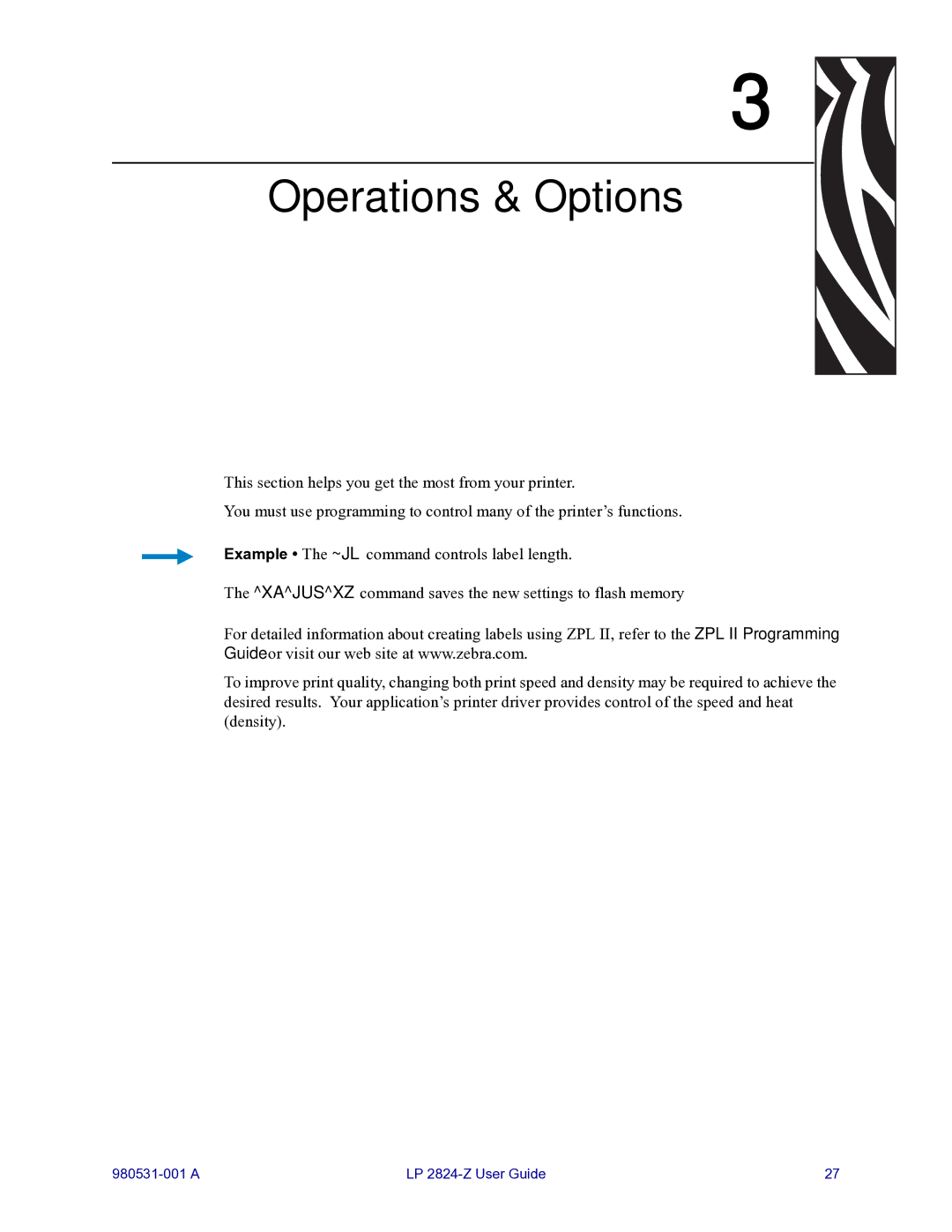 Zebra Technologies 2824-Z manual Operations & Options 