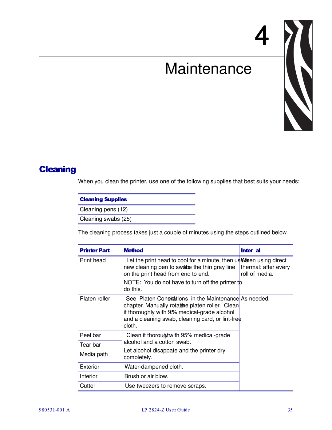 Zebra Technologies 2824-Z manual Maintenance, Cleaning 