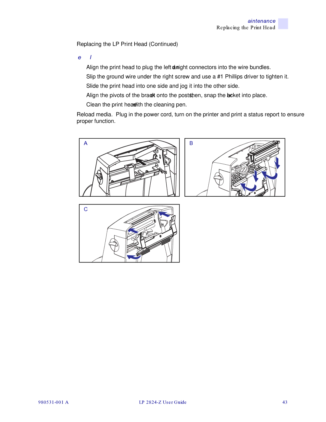 Zebra Technologies 2824-Z manual Replacing the LP Print Head 