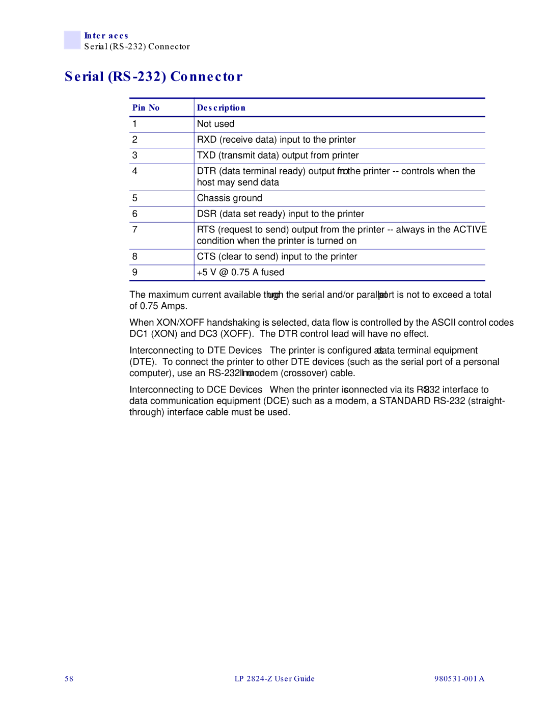 Zebra Technologies 2824-Z manual Serial RS-232 Connector 