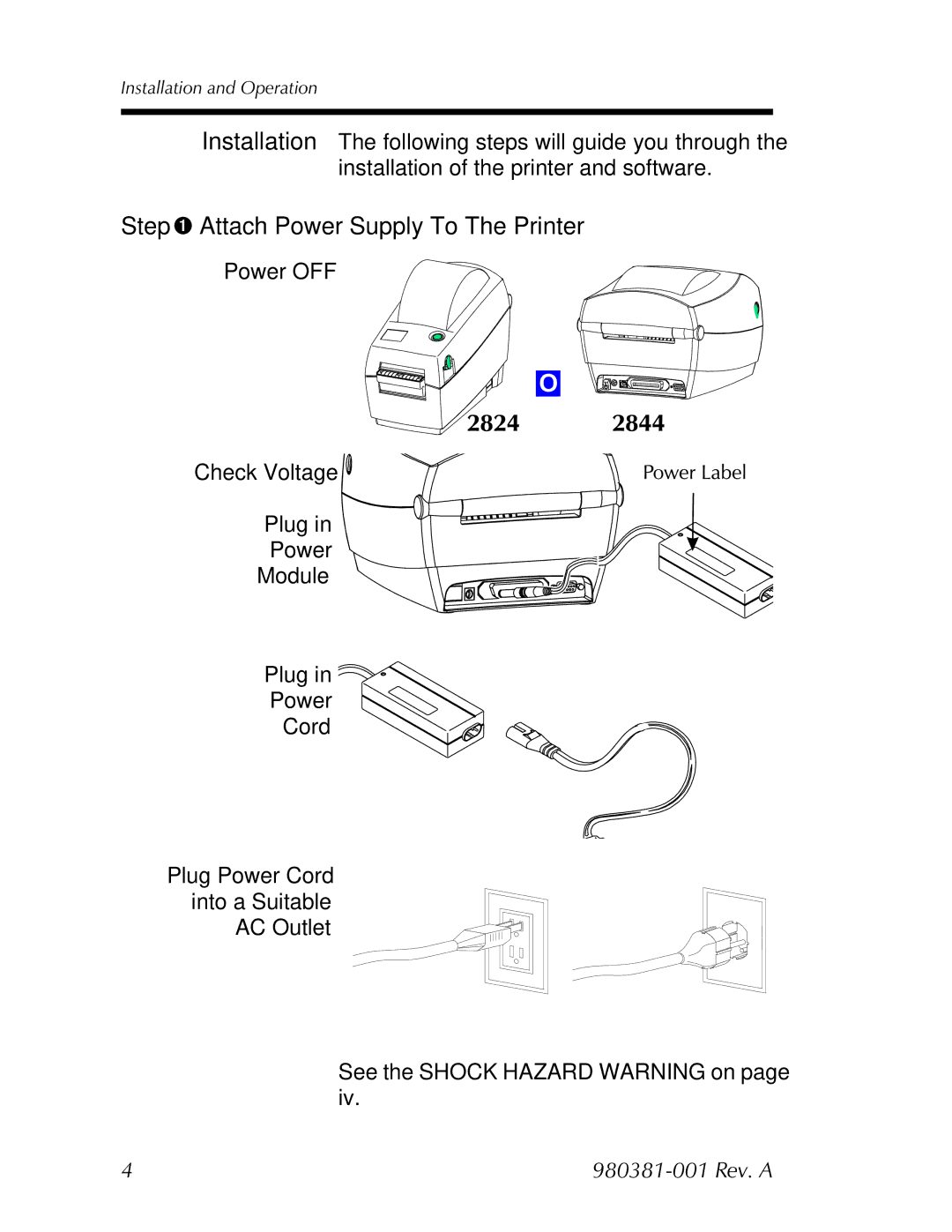 Zebra Technologies 2824 user manual Step Attach Power Supply To The Printer 