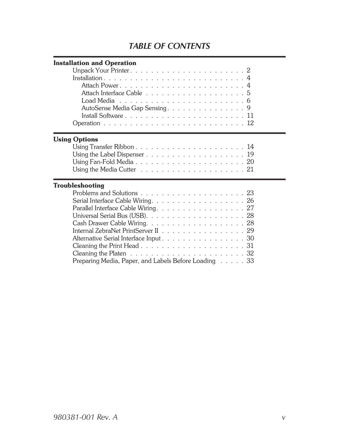 Zebra Technologies 2824 user manual Table of Contents 