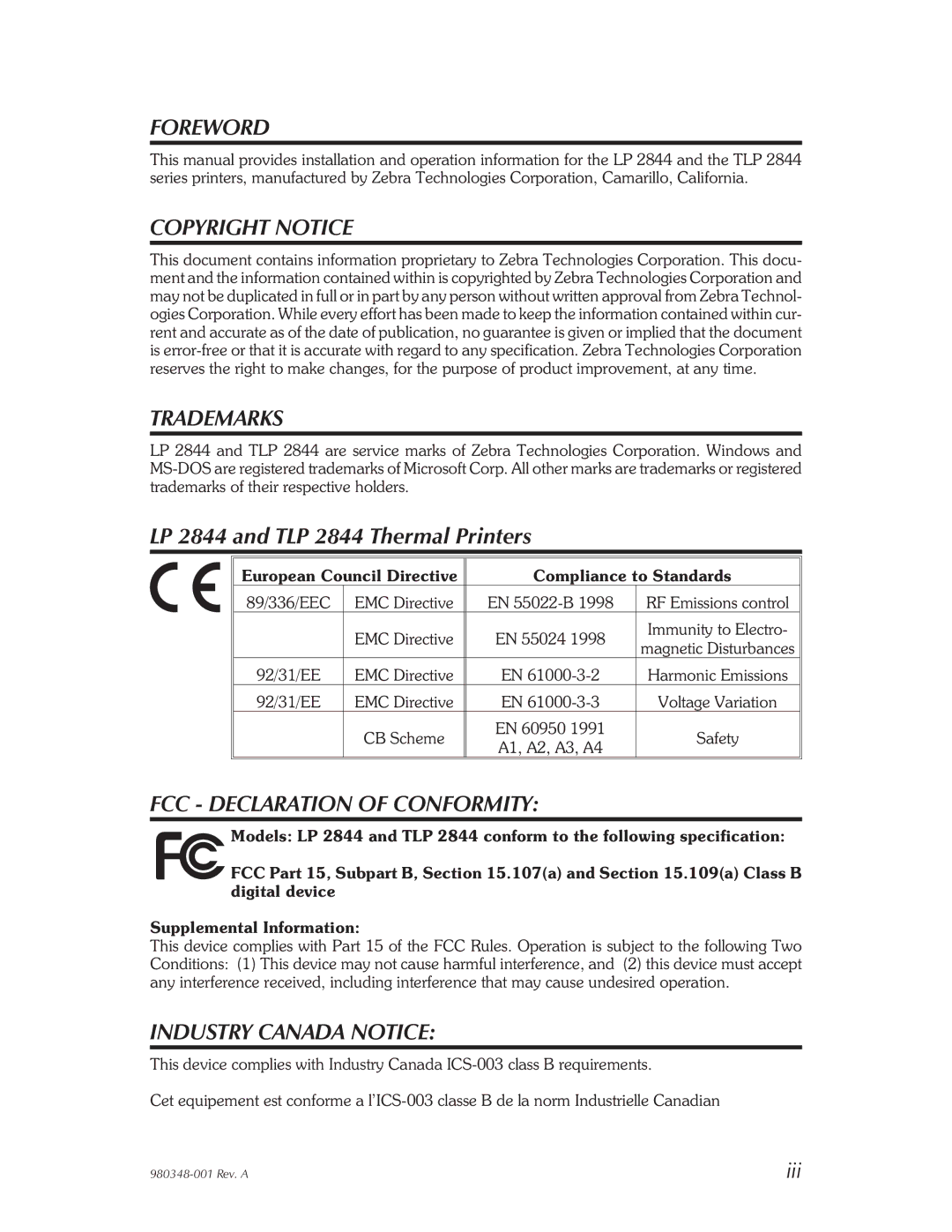 Zebra Technologies 2844 Printer user manual Foreword 