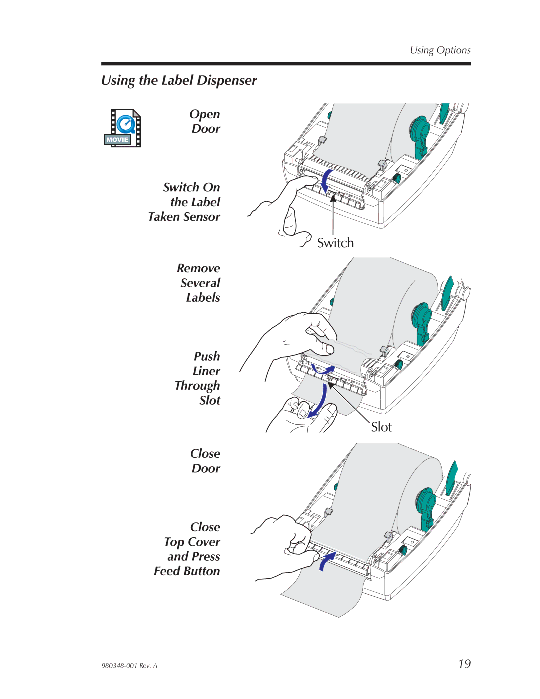 Zebra Technologies 2844 Printer user manual Using the Label Dispenser 