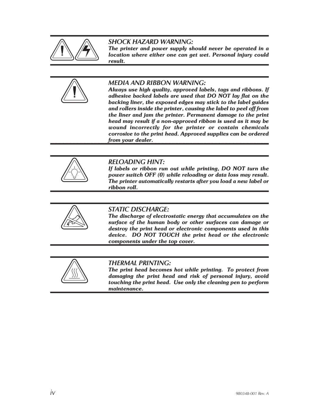 Zebra Technologies 2844 Printer user manual Shock Hazard Warning 