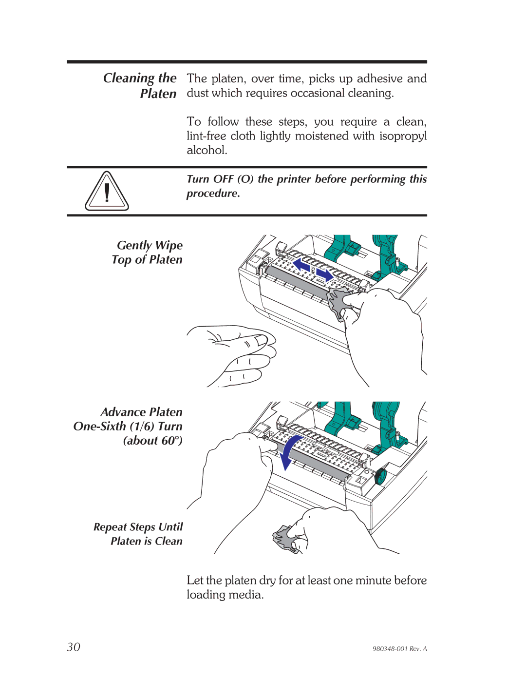 Zebra Technologies 2844 Printer user manual Cleaning the Platen 