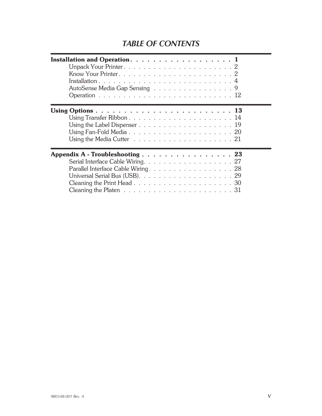 Zebra Technologies 2844 Printer user manual Table of Contents 