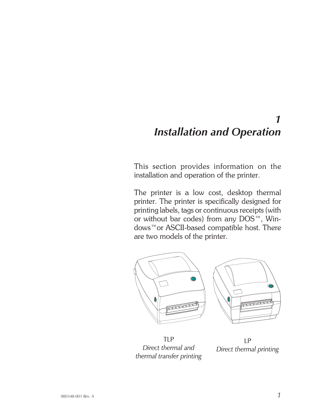 Zebra Technologies 2844 Printer user manual Installation and Operation 