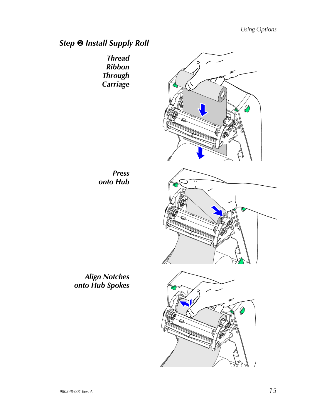 Zebra Technologies 2844 user manual Step ➋ Install Supply Roll, Thread Ribbon Through Carriage 