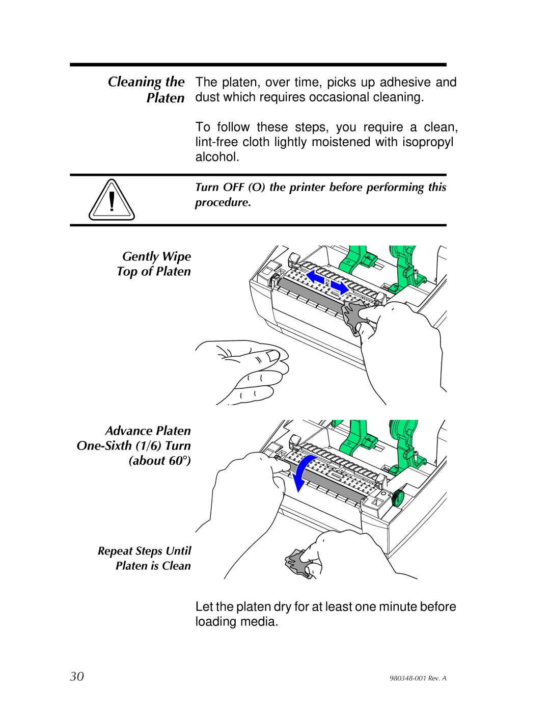 Zebra Technologies 2844 user manual Cleaning the Platen 