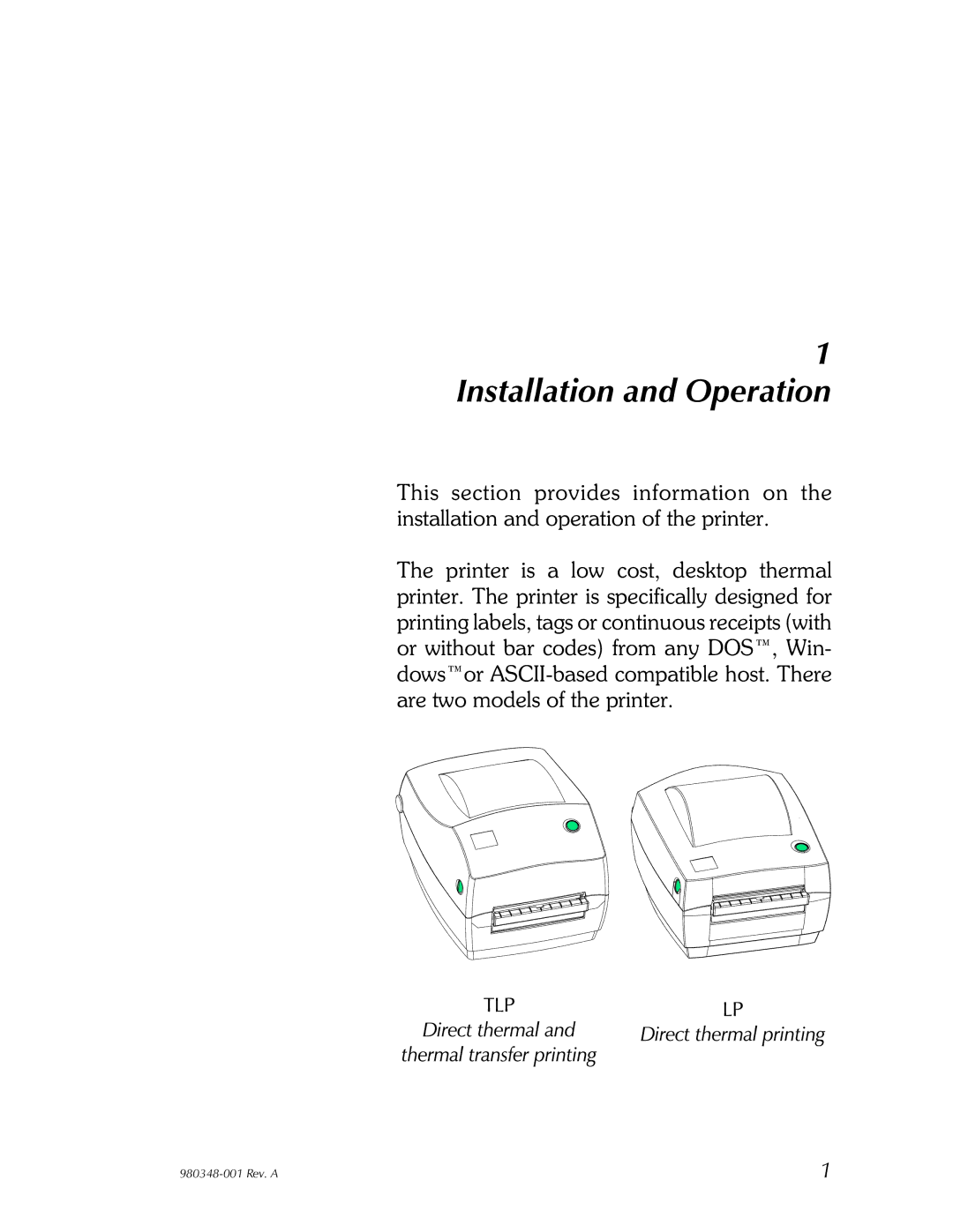 Zebra Technologies 2844 user manual Installation and Operation 