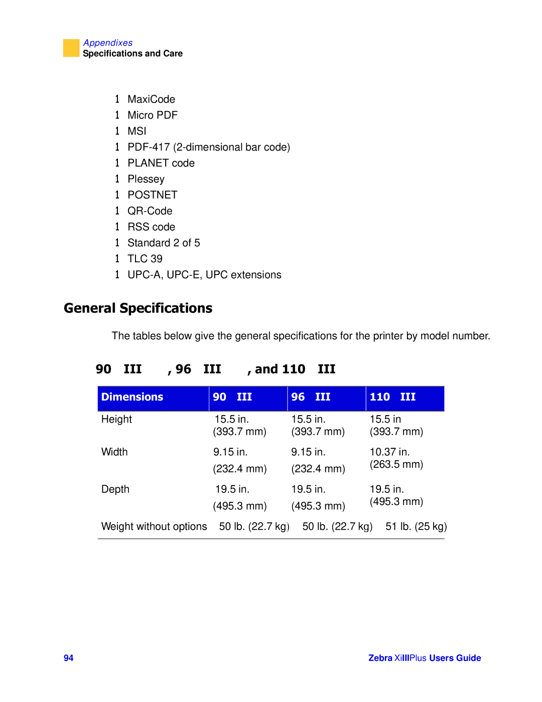 Zebra Technologies 3ULQWHUV manual HQHUDO6SHFLILFDWLRQV, Lphqvlrqv 