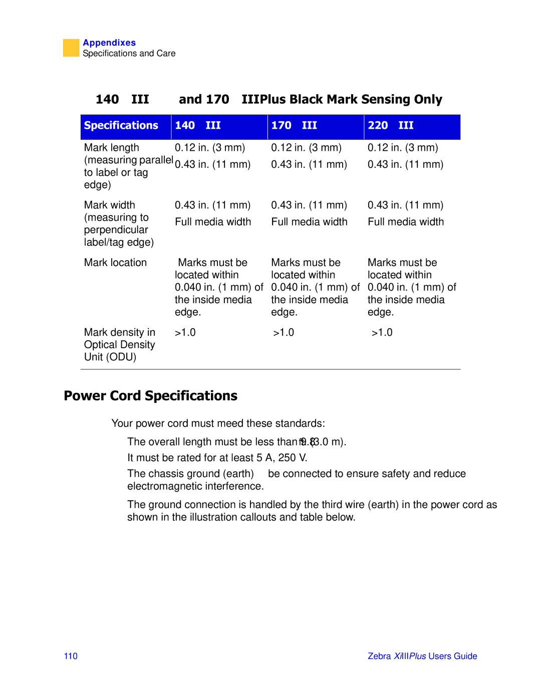 Zebra Technologies 3ULQWHUV manual 3RZHU&RUG6SHFLILFDWLRQV, 3OXVDQGL,,,3OXV%ODFN0DUN6HQVLQJ2QO 